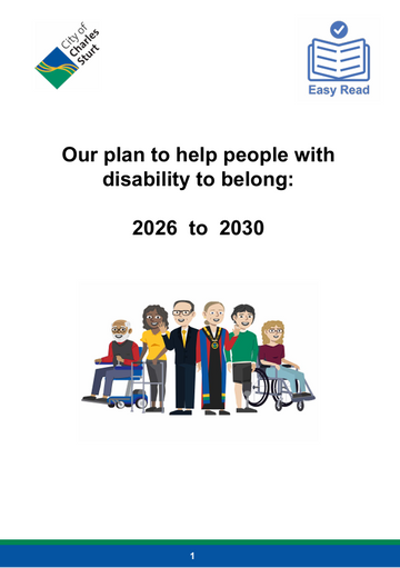 The cover for the City of Charles Sturt Disability and Access Plan 2026 to 2030. The black text reads, "Our plan to help people with disability to belong: 2026 to 2030". The illustration below features people of various ages, cultures, and abilities.